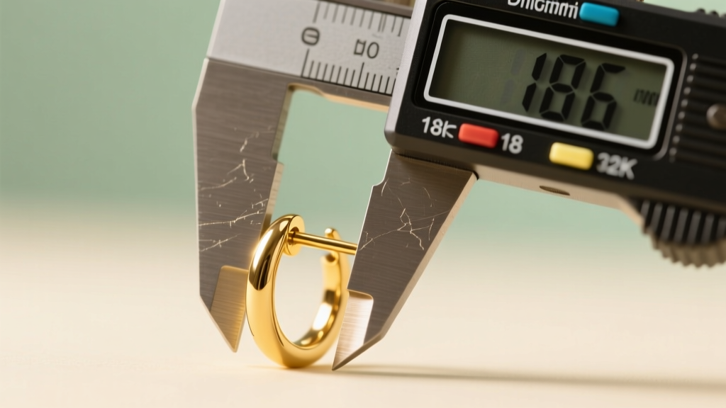 Macro shot of digital calipers measuring an 18-gauge gold earring post thickness against a soft, blurred studio background.