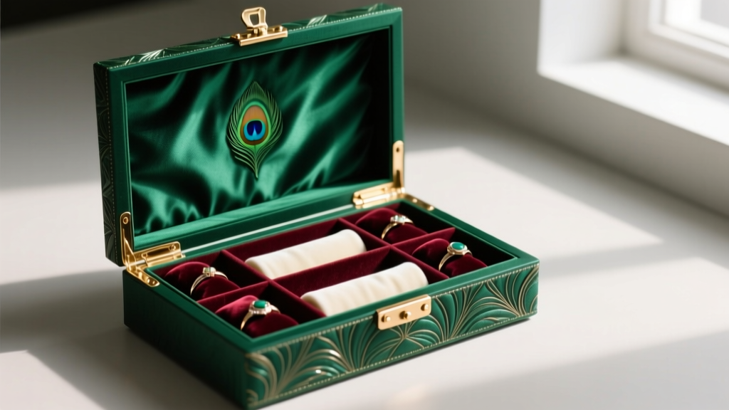 Open peacock jewelry box showing anti-tarnish silk lining, polished brass hinges, and neatly compartmentalized velvet ring rolls