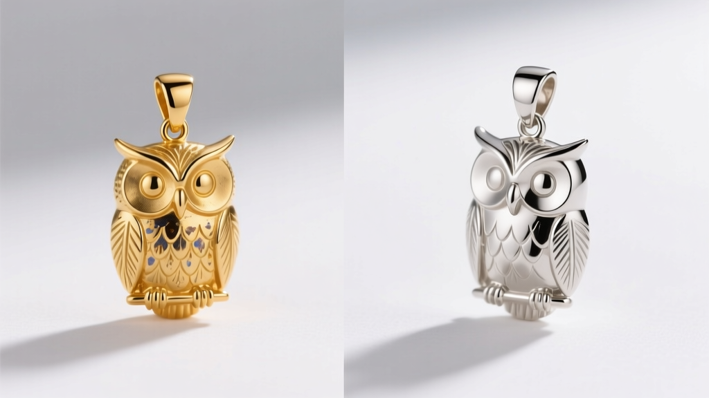 Side-by-side comparison of a 14k solid gold owl pendant and a silver version, highlighting warm luster and crisp casting lines