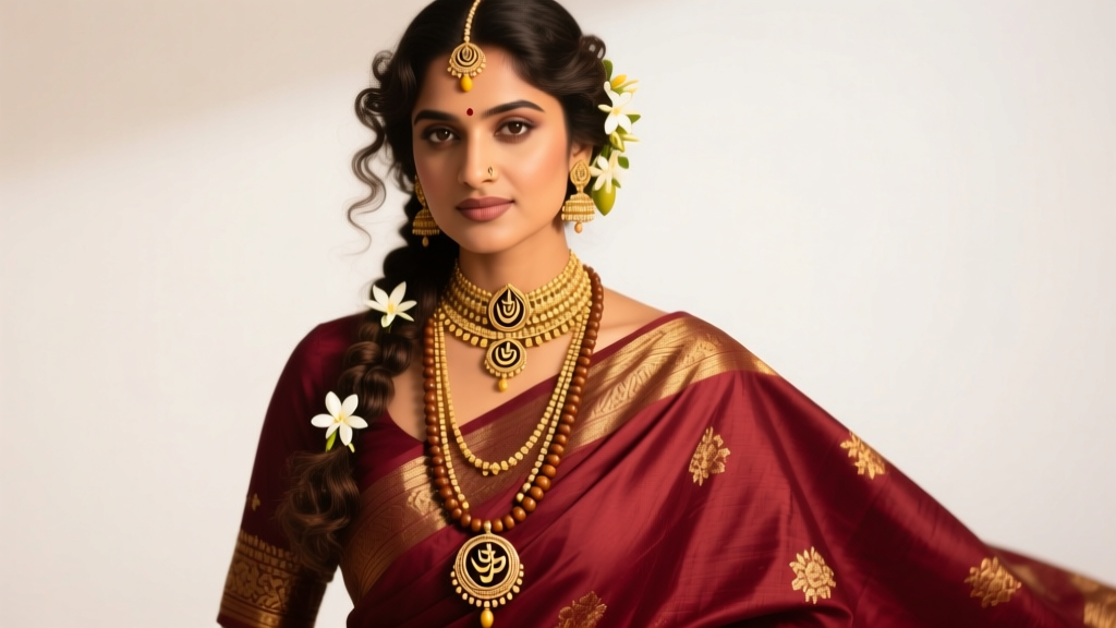 Bride wearing a layered gold Lakshmi necklace with a matching mango mala and traditional silk saree under warm studio lighting.