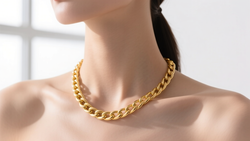 Close-up of a delicate 18-inch 14k yellow gold cable chain resting perfectly on a model's collarbone, soft studio lighting, macro.