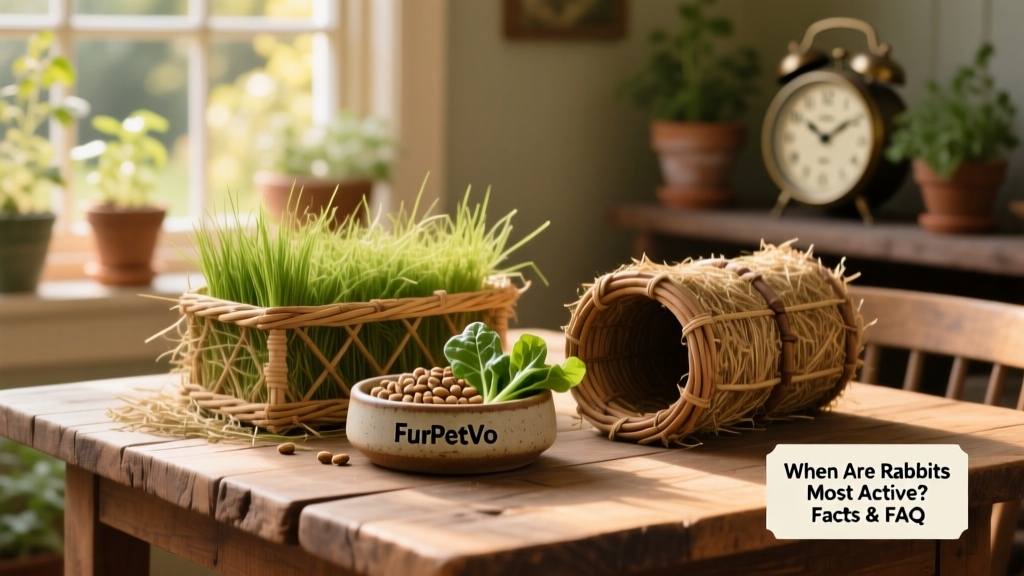 A curated FurPetVo rabbit care kit on a wooden table: woven hay rack, ceramic food bowl, and natural willow tunnel