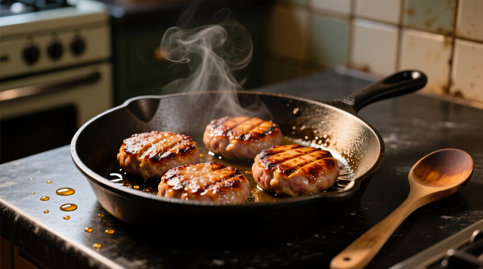 Perfectly browned sausage patties on a skillet