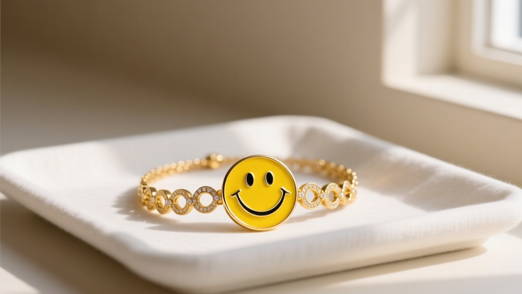 Gold vermeil smiley necklace with bright yellow enamel on a linen tray, illuminated by soft, diffused natural window lighting.