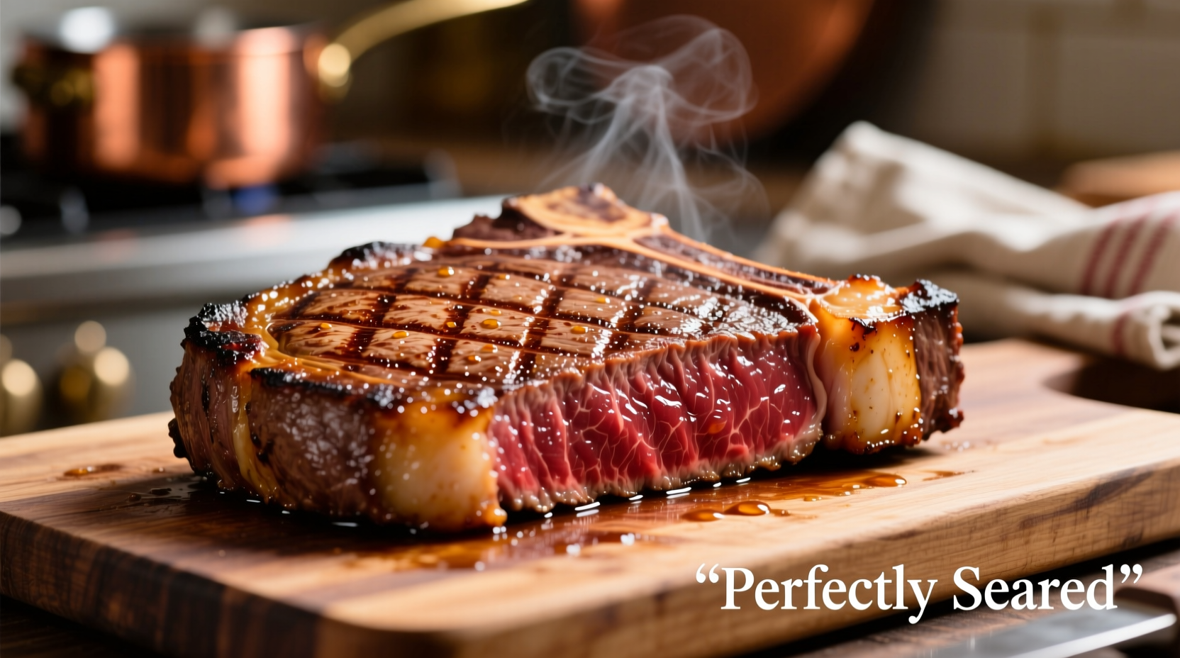 Perfectly seared rib eye steak with golden crust