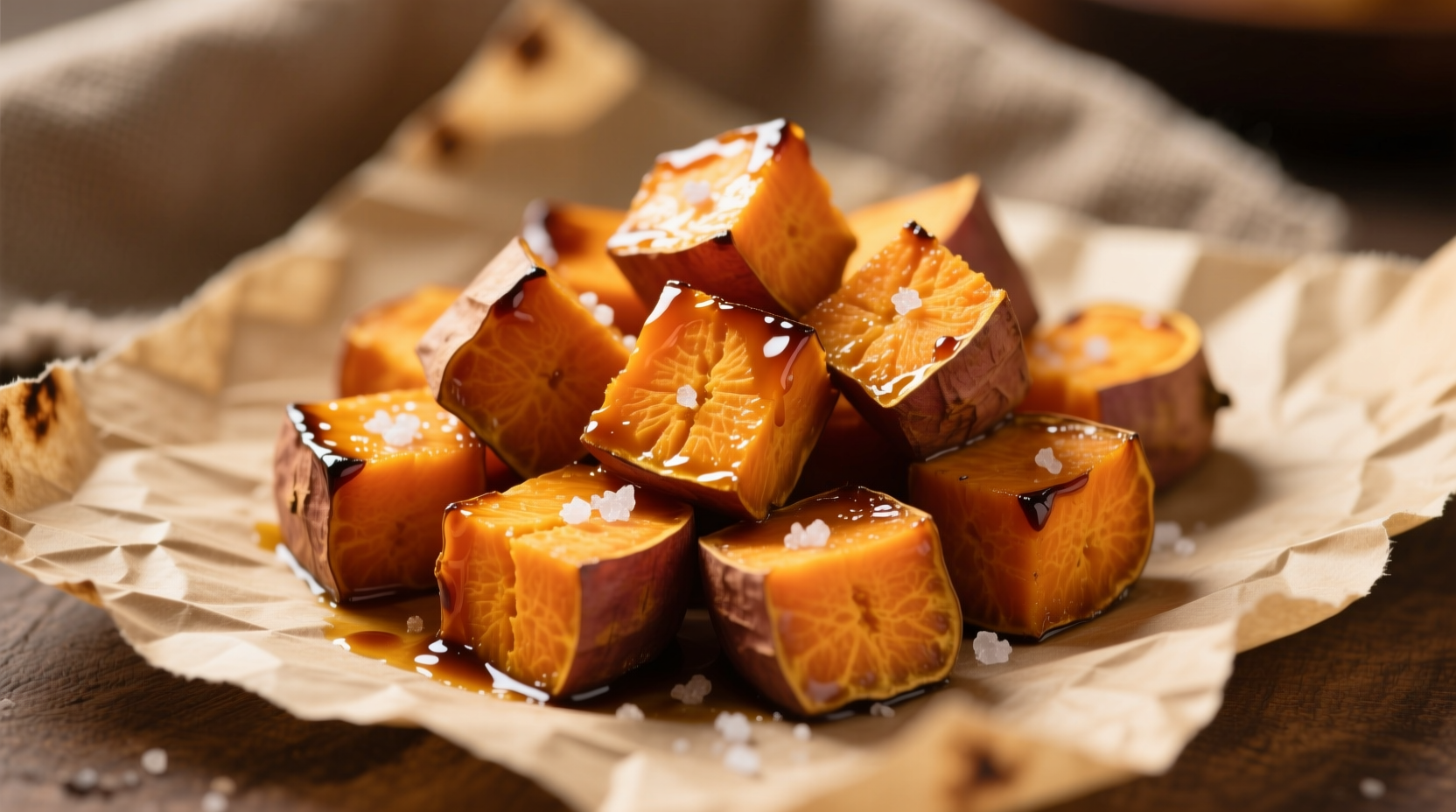 Golden roasted sweet potato cubes on parchment paper