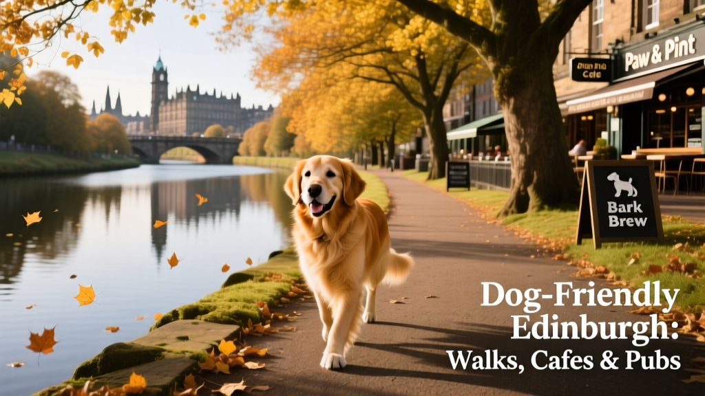A golden retriever walking along a tree-lined path beside the Water of Leith, with autumn leaves and calm water visible