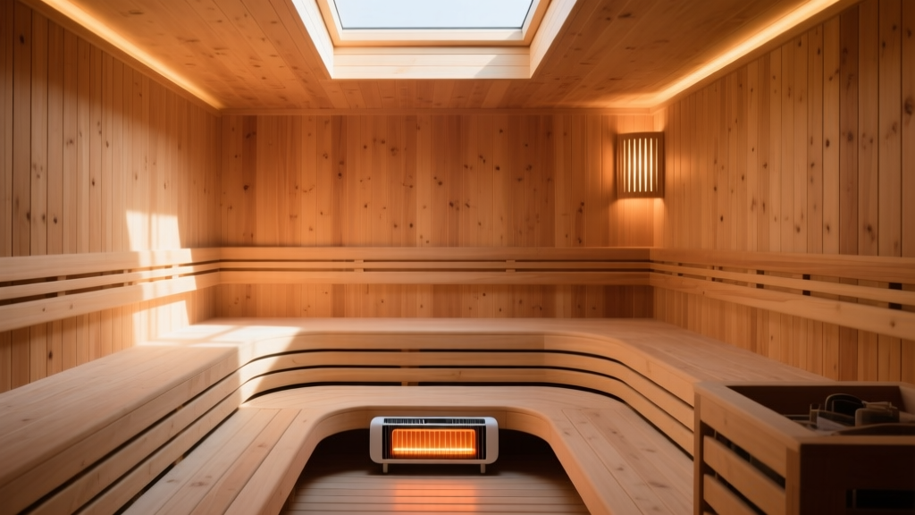 Interior of a custom-built cedar sauna featuring warm wooden bench tiers, a glowing electric heater, and subtle ambient lighting