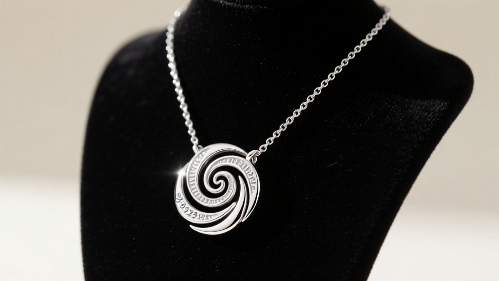 Macro shot of a 925 sterling silver anime core drill necklace with intricate engraved spiral details, hanging from a black velvet display bust.