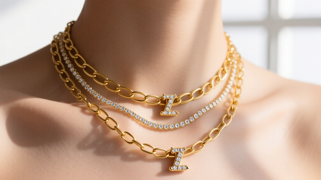 Close-up of layered 14k yellow gold paperclip chain necklaces with diamond pavé initial charms resting softly on a collarbone