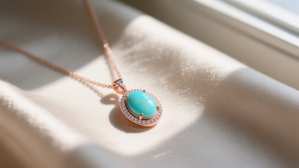 Flat lay of a delicate 14k rose gold pink turquoise pendant necklace resting on raw silk fabric in soft morning light