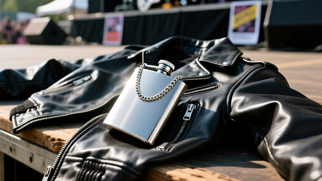 Stainless steel functional necklace shot glass flask with secure screw cap resting on a dark leather jacket at a music festival.