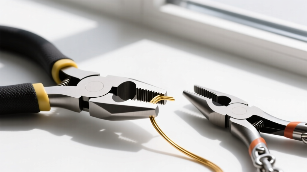 Nylon jaw pliers gripping 24-gauge gold-filled wire without scratching, placed next to standard toothed steel chain-nose pliers.