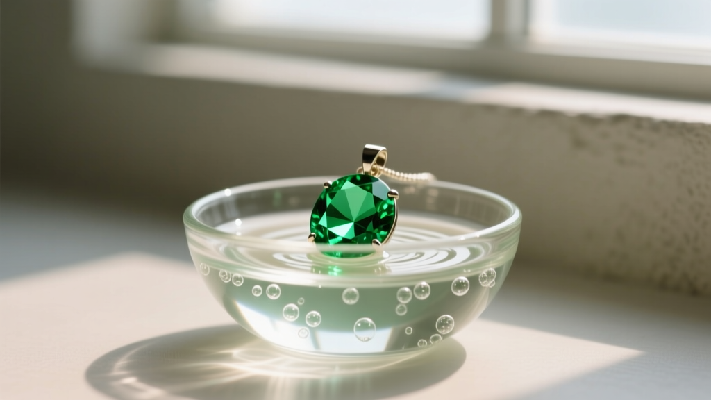 Pristine vibrant green peridot pendant safely soaking in a small glass bowl of warm distilled water and mild unscented dish soap.