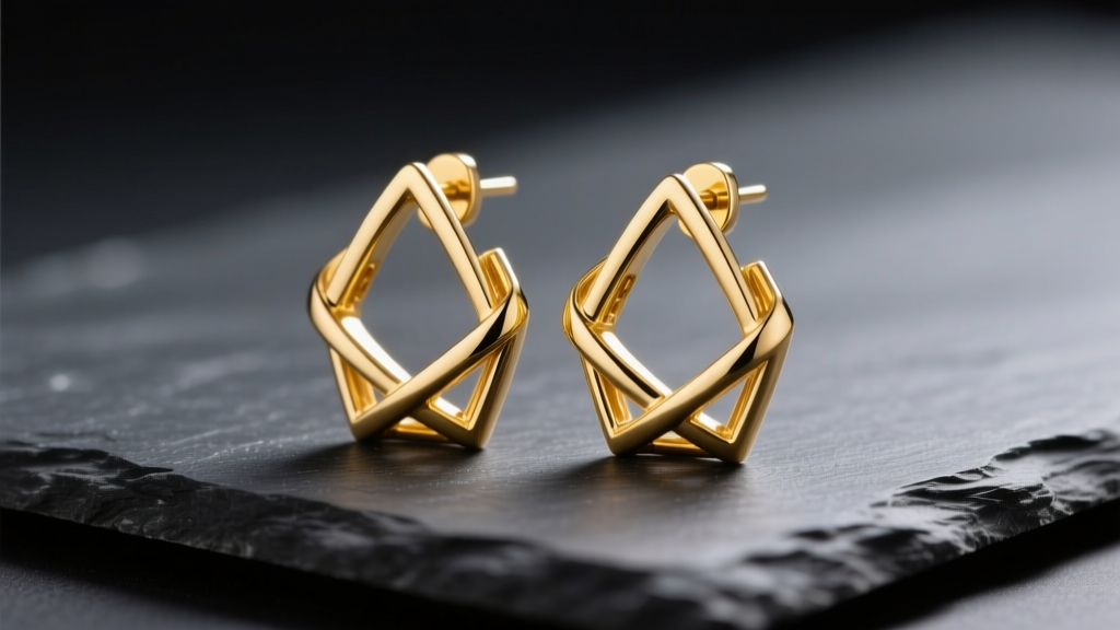 Polished 14k yellow gold x earrings shaped like intersecting lines resting on dark slate under soft directional studio lighting.