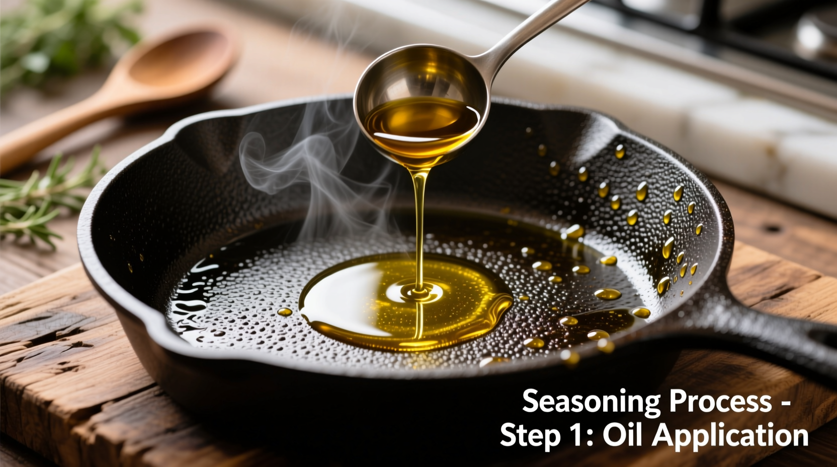 Cast iron pan seasoning process with oil application