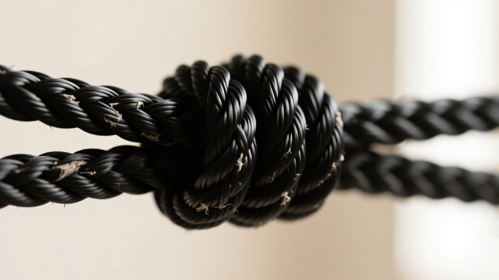 Macro shot of a black nylon cord wrapped tightly around two base strands, highlighting the cord texture and high tension
