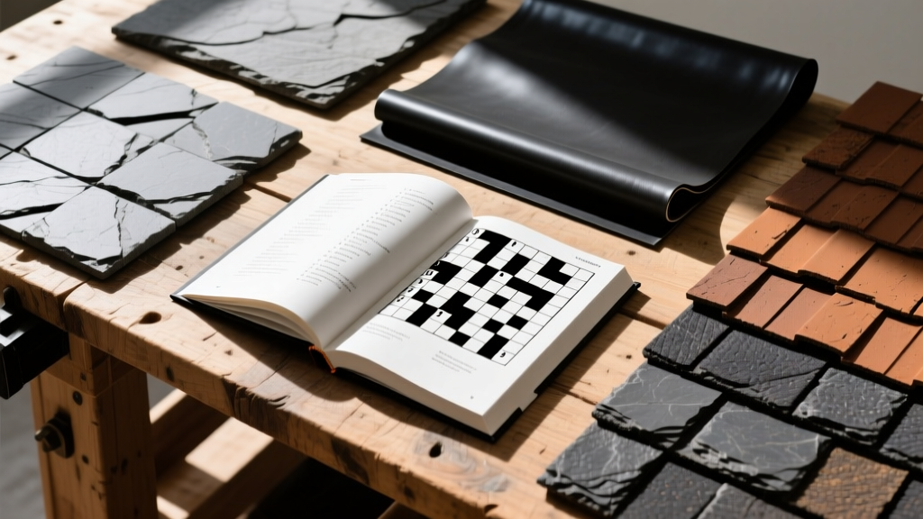 Overhead view of a crossword puzzle book on a workbench beside slate tiles, EPDM rubber membrane, and architectural asphalt shingles