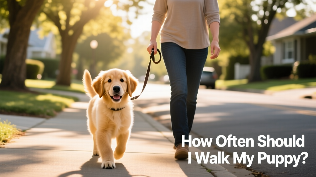 A happy golden retriever puppy walking calmly beside its owner on a sunny neighborhood street