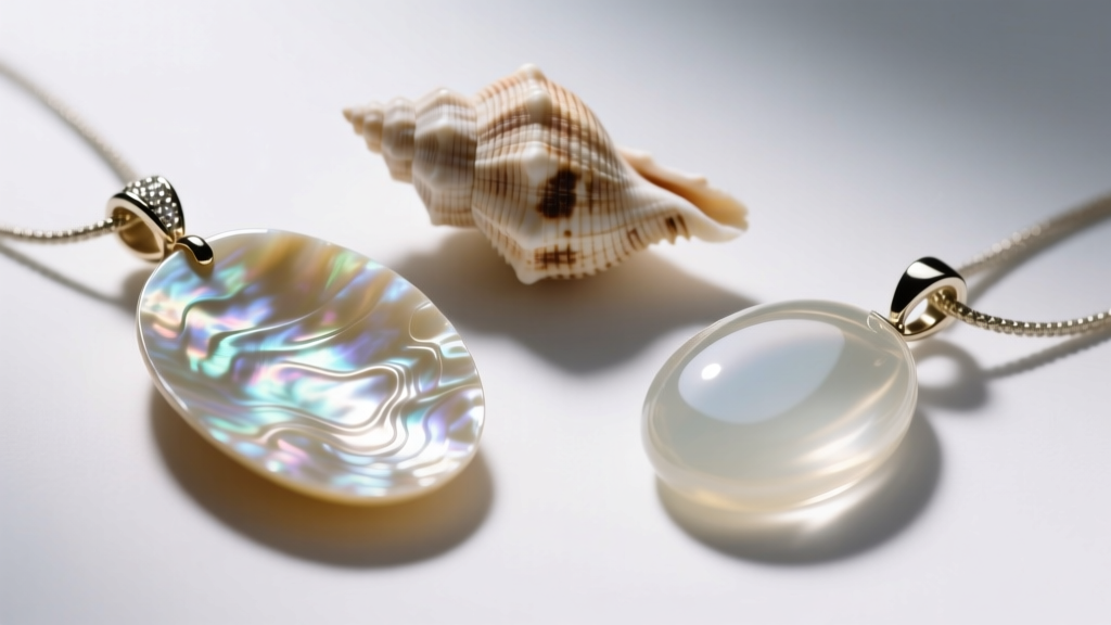 Macro view comparing mother of pearl, natural cowrie shell, and resin pendants to highlight surface texture and luster differences