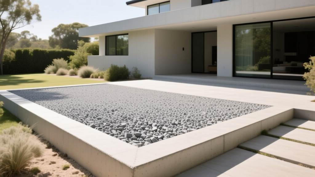 Exposed aggregate concrete patio beside modern home, highlighting crushed gray stone texture and smooth troweled perimeter border edges