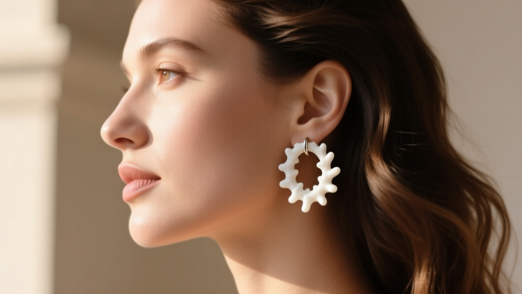 Side profile of a woman wearing minimalist white coral huggie earrings, highlighting the matte white gem against warm skin tones