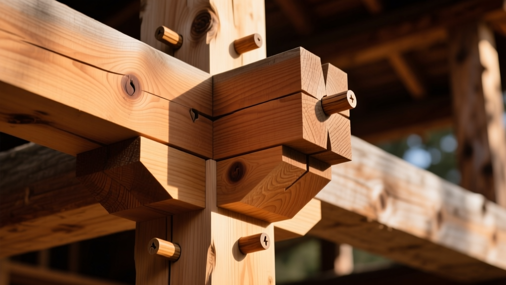 Close-up of a massive Douglas fir timber frame intersection featuring a complex wedged mortise and tenon joint with visible oak pegs driven through