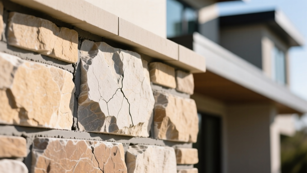 Close-up of natural Oklahoma limestone veneer with rugged ledgestone profile installed on an exterior wall with visible mortar joints