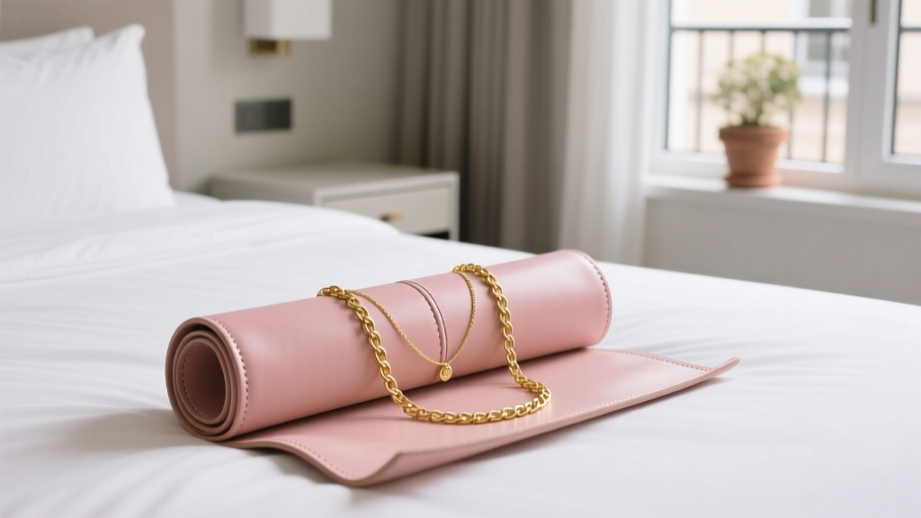 Blush pink vegan leather travel roll unrolled showing elastic tension bands securing delicate gold chain necklaces on a hotel bed