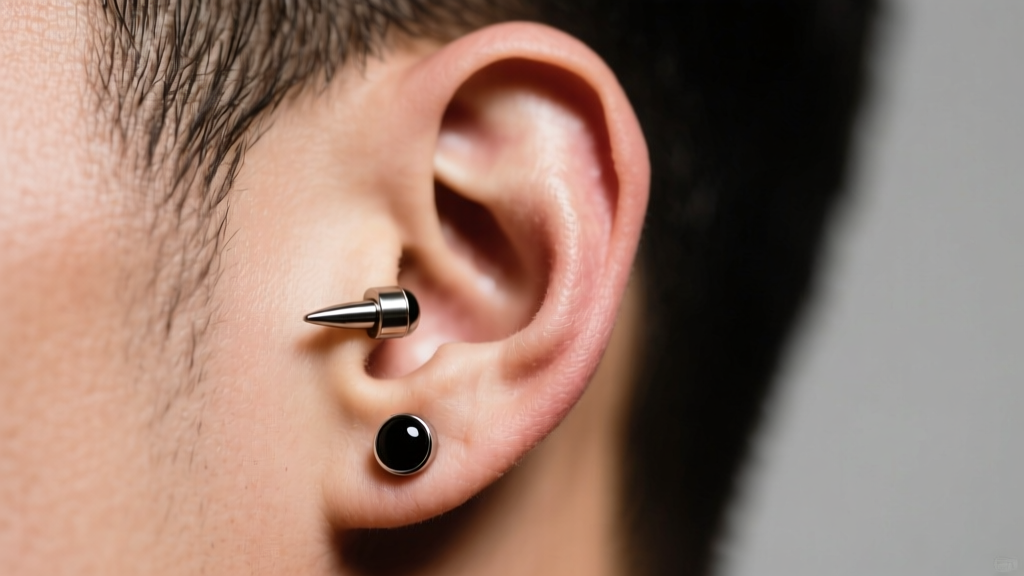 Male ear side profile with flat piercing, threadless titanium labret, onyx end, soft light, sharp macro shot
