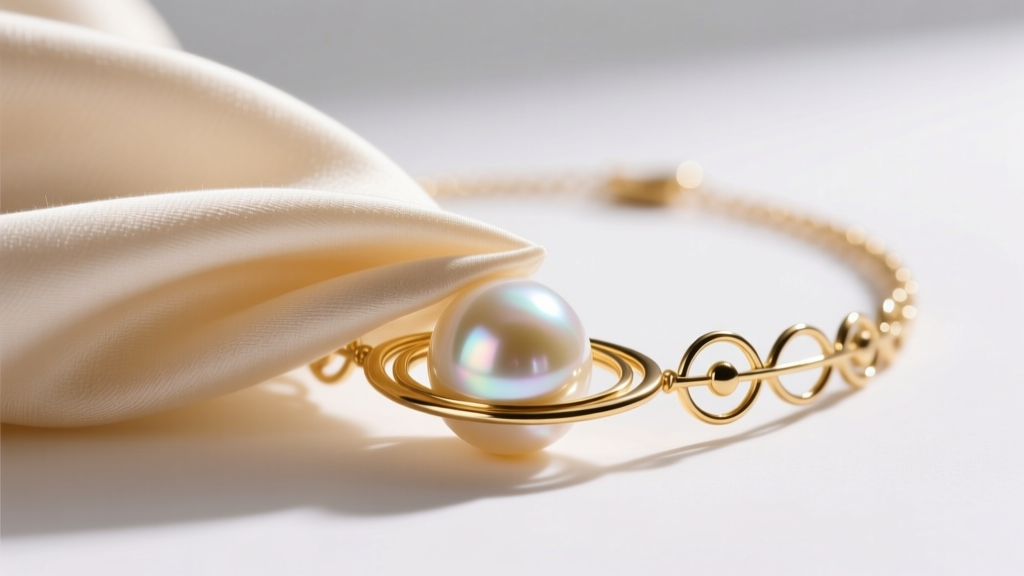 Soft cloth wiping the gold orbit of a saturn pearl necklace, carefully avoiding the pearl surface, in bright natural daylight.
