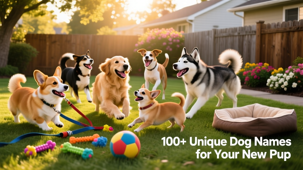 A diverse group of happy dogs — small, medium, and large — playing together in a sunny backyard, with leashes and toys scattered nearby