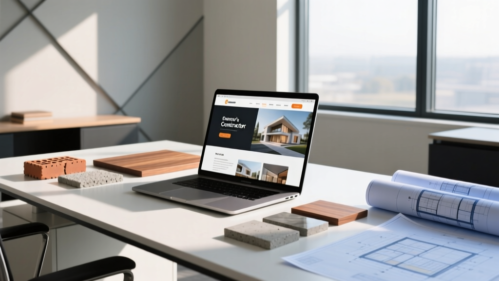Modern construction office desk with blueprints, a laptop displaying a contractor portfolio website, and material samples like brick and wood