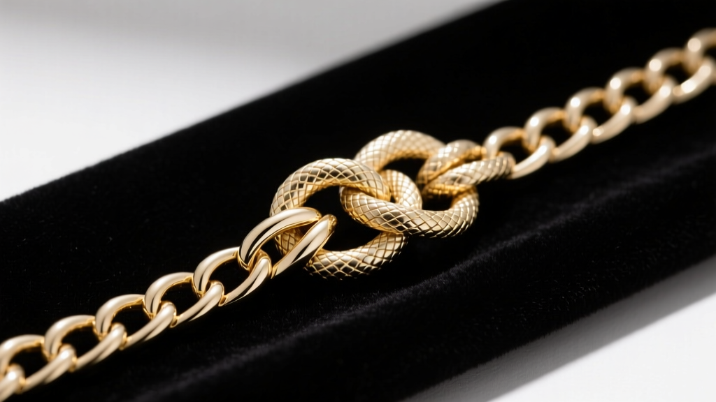Overhead view of a knotted 18k white gold snake chain on dark velvet, illuminated by soft directional studio lighting for repair.