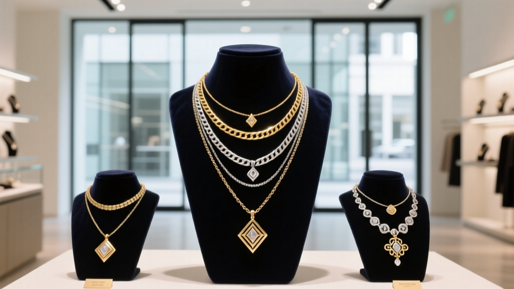 Layered gold vermeil and sterling silver necklaces displayed on a dark velvet bust inside a brightly lit modern department store