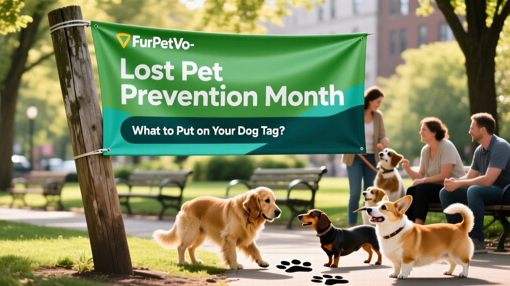 A vibrant FurPetVo-branded green and teal banner promoting Lost Pet Prevention Month