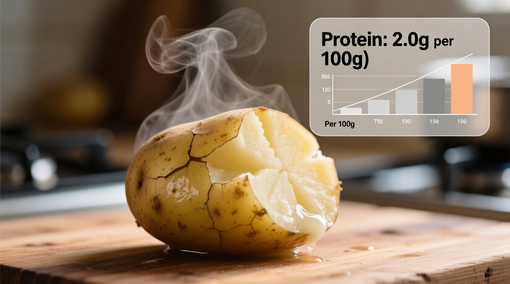 Close-up of boiled potatoes with protein content chart