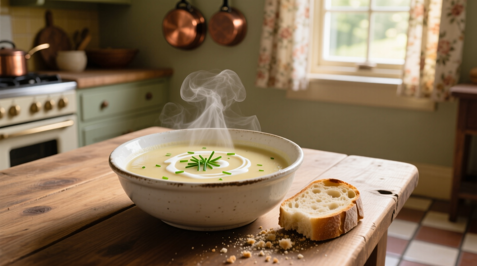 Creamy homemade potato soup in white bowl