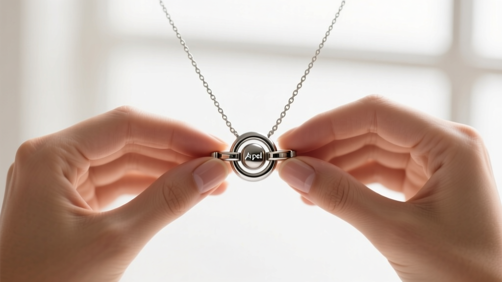 Macro photography of hands aligning the neodymium magnetic core of an Arpel necklace clasp, with a 1.5mm cable chain attached.