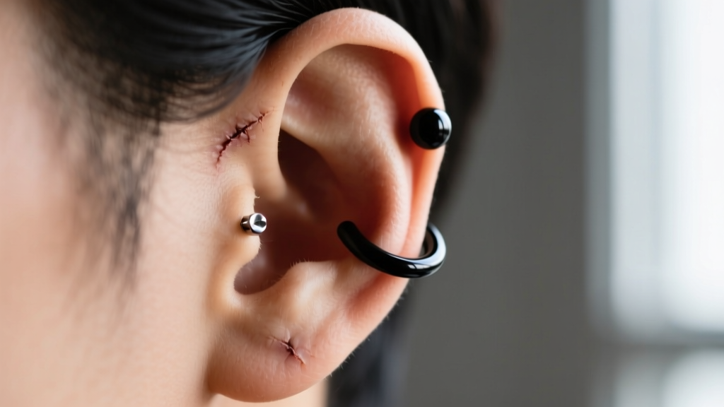 Profile of an ear showing a healed rook piercing with a threadless 16-gauge niobium curved barbell in a dark matte black finish