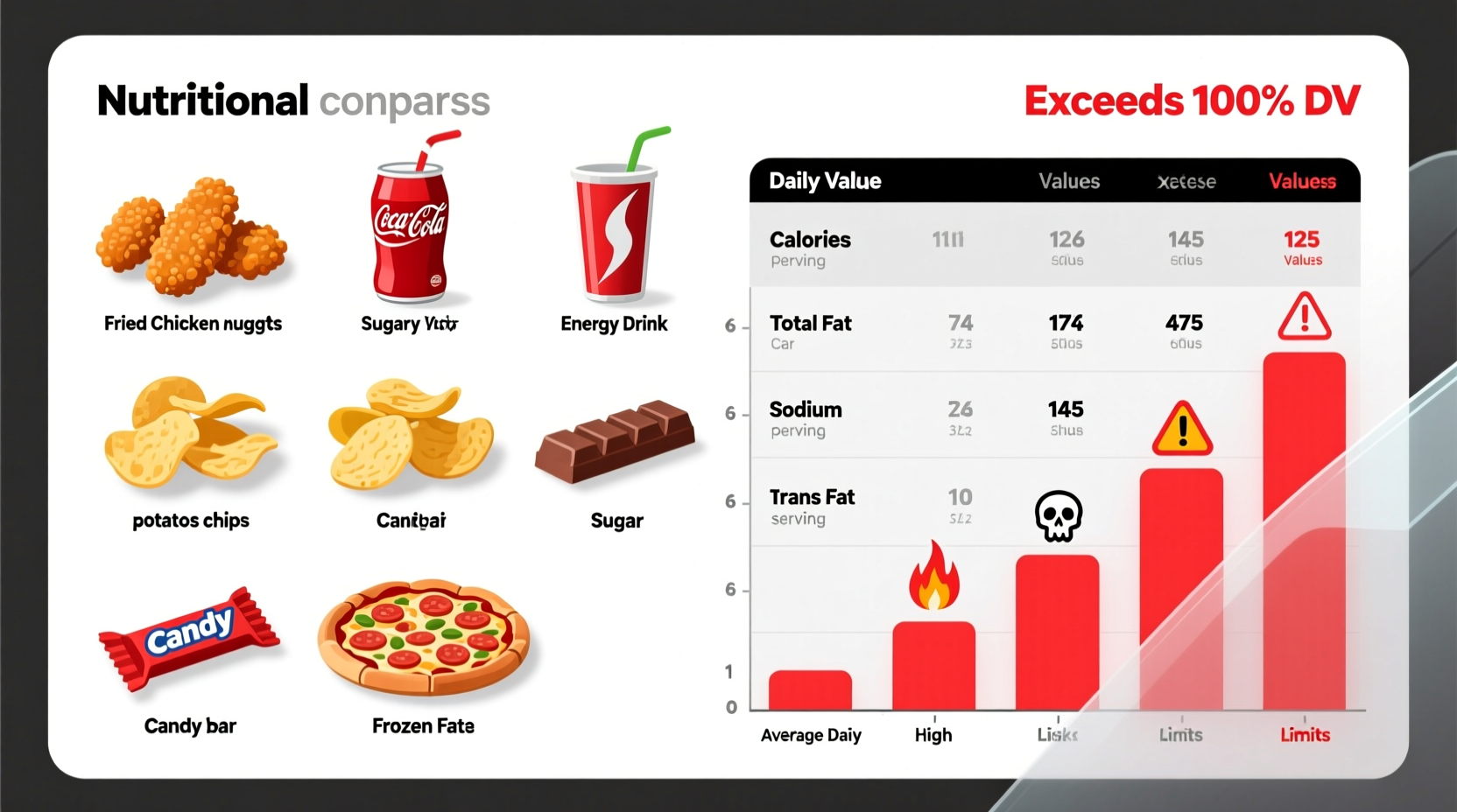 Unhealthy food comparison chart with nutrition facts