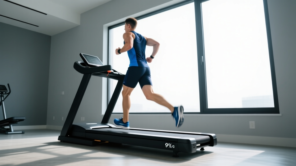 Runner walking uphill on a modern black treadmill set to a 9 percent incline in a brightly lit home gym