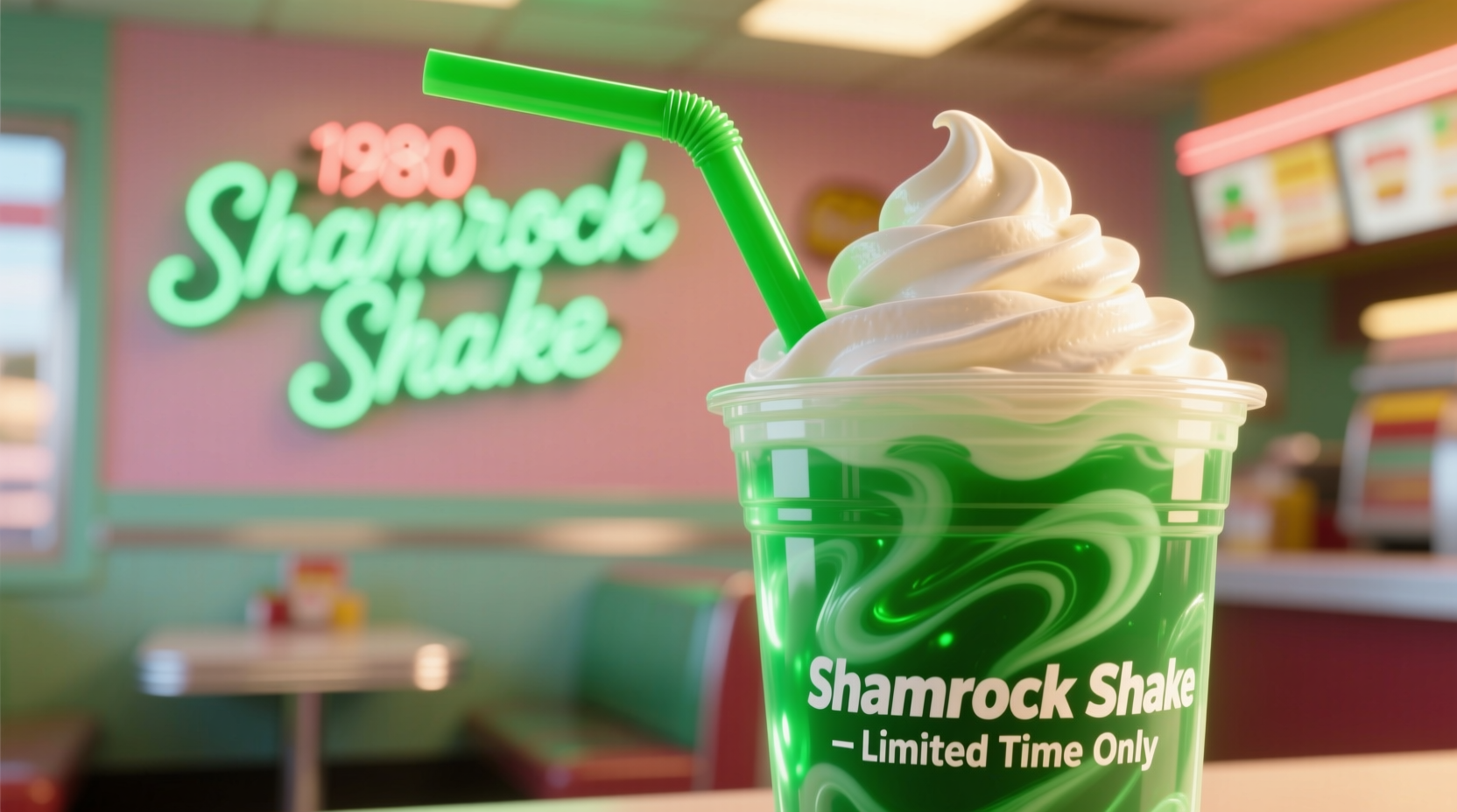 Close-up of Shamrock Shake in cup with green straw