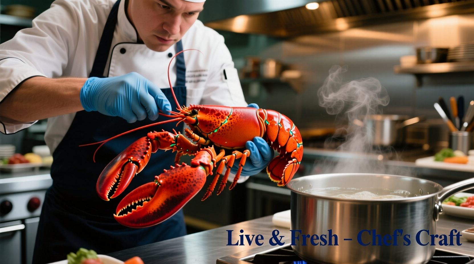 Chef preparing live lobster in kitchen