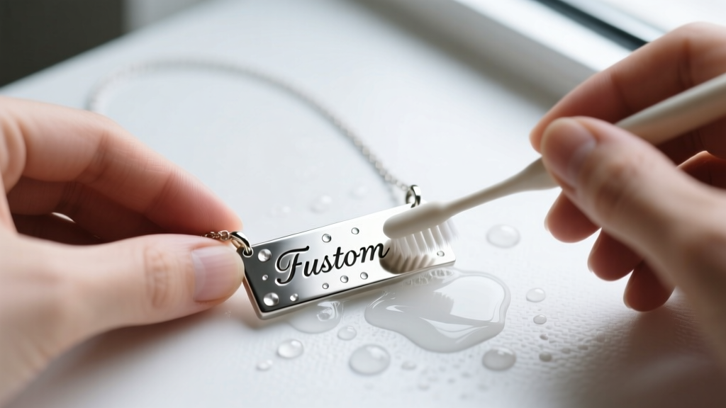 Hands using a soft toothbrush and soapy water to clean deep engravings on a stainless steel custom nameplate necklace