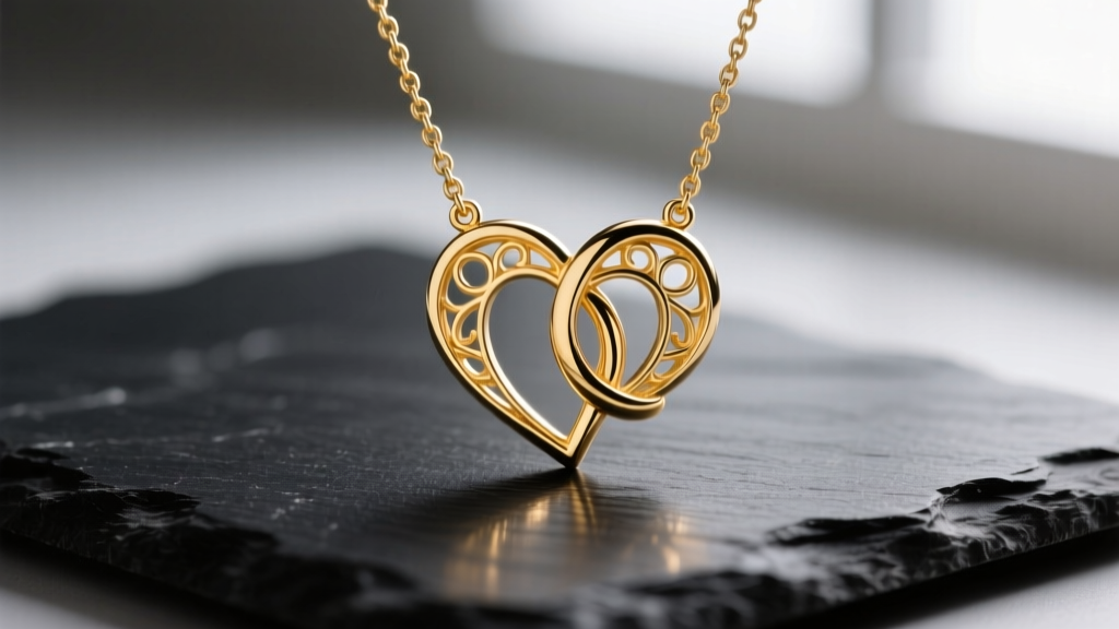 Macro photography of a split-heart interlocking kissing necklace pendant crafted in polished 14k yellow gold, resting on dark slate.