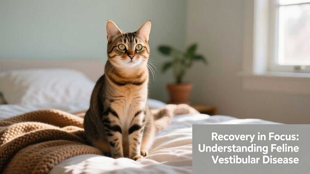 Happy, relaxed cat sitting upright and alert on a cozy bed, indicating full recovery from vestibular symptoms