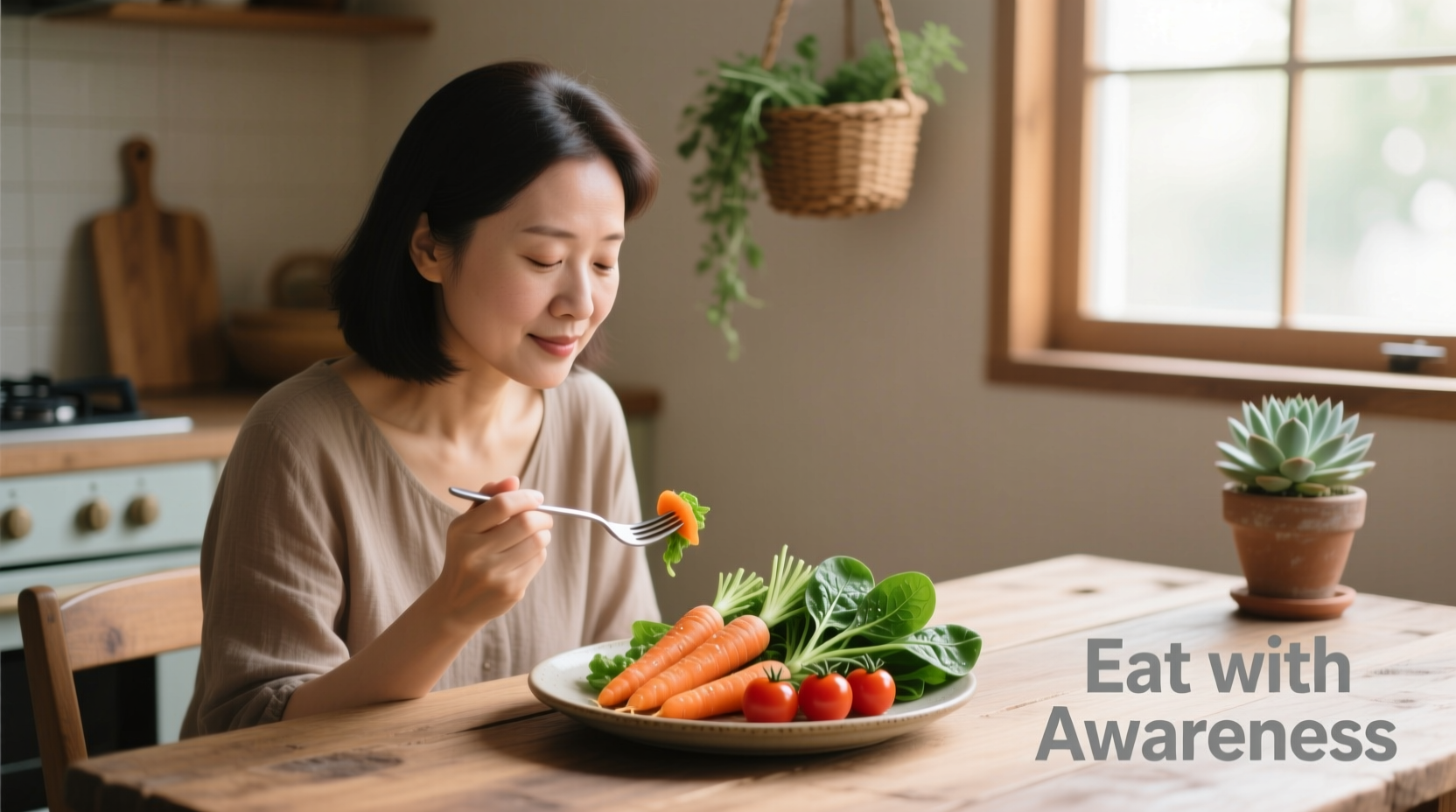 Woman practicing mindful eating with fresh vegetables