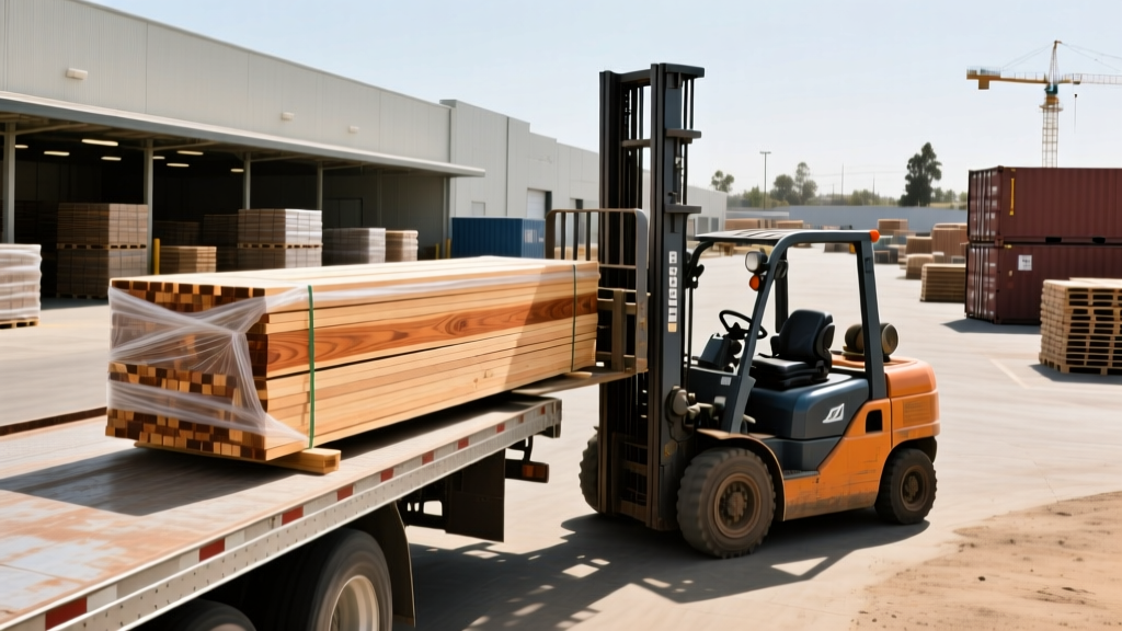 Forklift loading bundled Douglas Fir framing lumber onto a flatbed delivery truck at a busy building materials supply yard in Pomona California
