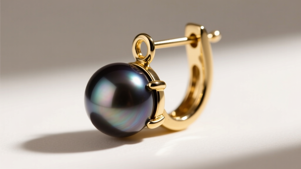 Heavy dark Tahitian baroque pearl earring on a 14k gold leverback, highlighting the reinforced soldered jump ring and secure clasp